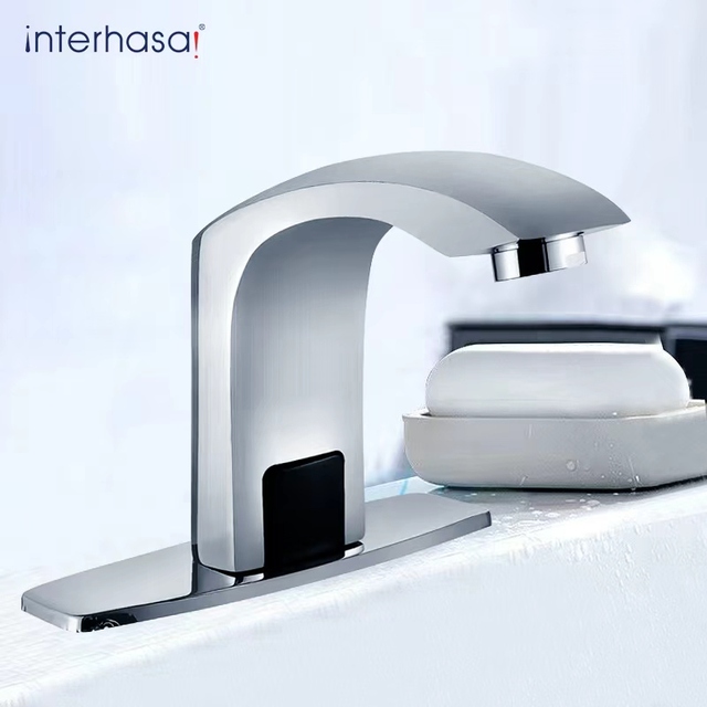 Touchless Automatic Bathroom Sink Faucet Chrome with Control Box and Hole Cover Plate for Hotel and Public Restroom C2017