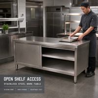 Table de travail de cuisine en acier inoxydable commercial 201 304 avec armoire à porte coulissante et étagère ouverte, table de préparation et de rangement pour restaurant