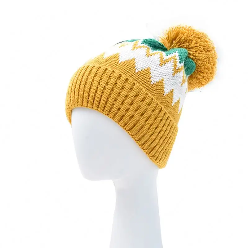 Mùa Đông Phụ Nữ Cô Gái Mũ Len Ấm Áp Đan Dày Dệt Kim Mũ Earmuffs Len Sang Trọng Hình thoi Kẻ Sọc Pom Pom Beanie