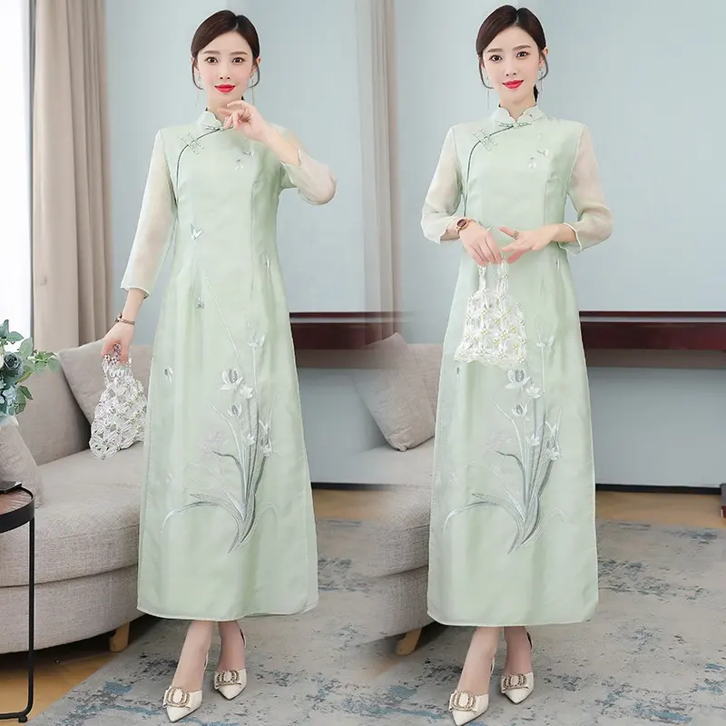 2022 вечернее платье Чонсам с вышивкой, китайское шелковое платье, шелковые платья чонсам