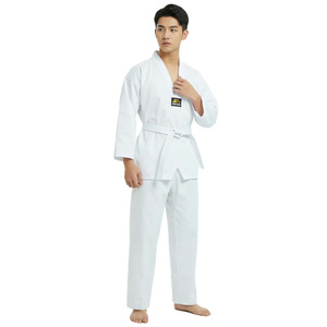 Taekwondo Uniform Set White With Black Collar Durable Unisex For Adults And Children Includes Belt Solid Color V Neck - Product Image 2