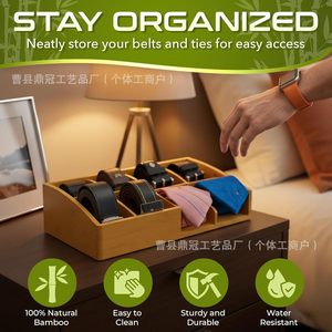 Bamboo Wood Belt Tie Organizer <b>Box</b> Rectangular Compartmentalized <b>Storage</b> For Men's Accessories <b>Drawer</b> Organizer - Product Image 2