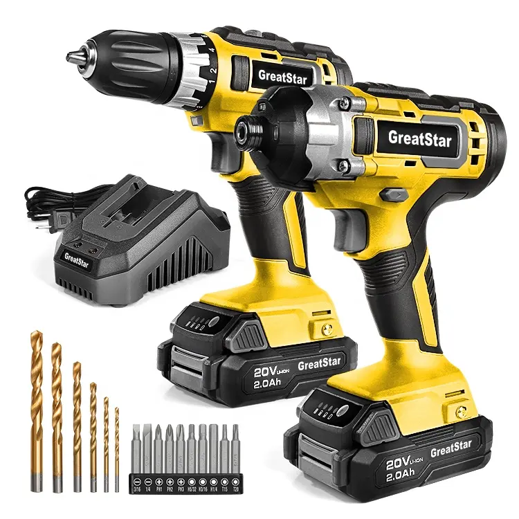 GreatStar 2pc 20V Cordless power tool Kit set electric Drill Driver and Impact Driver power drills with 2.0Ah Batteries