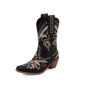 Bottes pour femmes 2023, bottes western à talons hauts brodées, bottes vintage mi-<span class=keywords><strong>mollet</strong></span>, bottes de cow-boy tendance, bout pointu, bottes classiques, chaussures tendance - Product Image 2