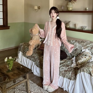 Meryjia Winter Two Pieces Vintage Velvet Pijamas <span class=keywords><strong>Mujer</strong></span> Soft Luxury Long Sleeves Pijamas - Product Image 4