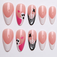 24 faux ongles à presser pour Halloween, forme amande, French manucure, motif toile d'araignée fantôme mignon, réutilisables, en acrylique, pour femmes et filles