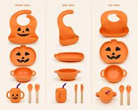 Ensemble de vaisselle en silicone pour Halloween, certifié Lfgb, sans BPA, pliable, bavoir, assiette, bol, tasse, kit de vaisselle