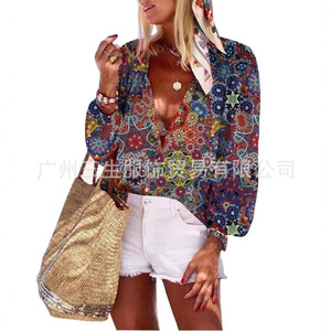 Women's 3D Printed Geometric Pattern Shirt Long Sleeve V Neck Holiday <b>Blouse</b> Summer Casual Top With Stand Collar Style - Product Image 5