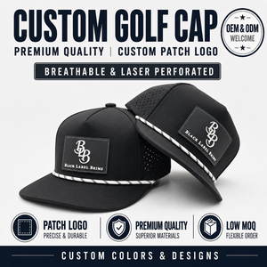 Casquette de golf 5 panneaux en gros, patch en cuir personnalisé, faible MOQ, directement de l'usine OEM, approvisionnement fiable, en sergé de coton durable - Product Image 1