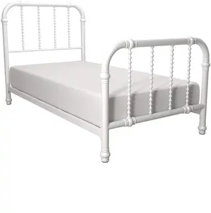 Twin Size Wit Met Elegant Scroll Hoofdeinde En Treeplank Metalen Bedframe