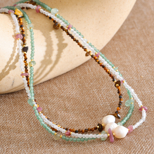 Collar de <span class=keywords><strong>Cadena</strong></span> con Cuentas Hechas a Mano de Acero Inoxidable de Moda de Verano XY 128 para Mujer, con Perla Natural y Piedra Aventurina Verde Tigre - Product Image 4