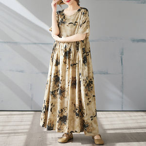 2025 Boho Chic coton <span class=keywords><strong>Maxu</strong></span> robe imprimé fleuri col rond robe taille unique a-ligne balançoire robe pour le bureau d'été et les vacances - Product Image 3