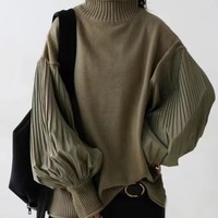 Pull-over décontracté ample pour femme, col roulé, tricoté, avec empiècements plissés et manches longues bouffantes, personnalisé en usine