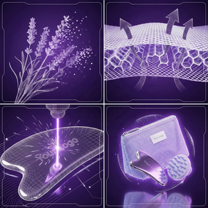 Kit de beauté GWP clé <span class=keywords><strong>en</strong></span> main, sac cosmétique portable de luxe <span class=keywords><strong>en</strong></span> maille violette, brosse à cuir chevelu Gua Sha <span class=keywords><strong>en</strong></span> acier inoxydable avec fermeture éclair, logo personnalisé, bien-être - Product Image 5