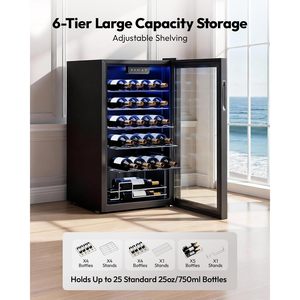 EUHOMY 25 Bottle Wine Cooler Refrigerator Freestanding Compressor Digital Control Black Insulated <b>Glass</b> Door - Product Image 2