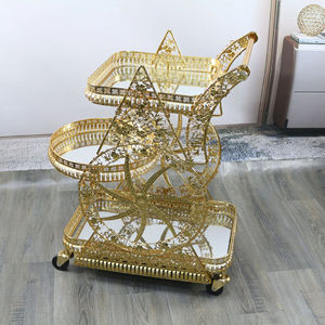 Hotsell Hoge Kwaliteit Moderne Commerciële Spiegelglas 3-Laags Gouden Metalen 4-Wielige Hotel Trolley Wagentje Woonkamer - Product Image 6