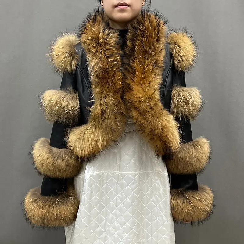 High Quality Winter Real Raccoon Fur Leather Coat Women Genuine Sheepskin Leather Jackets with Fur