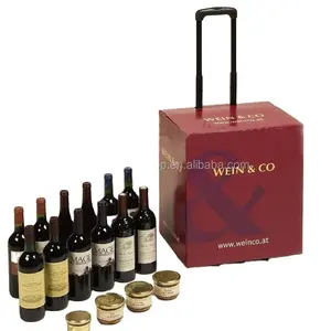 Unique Creative Design Retail Fashionable Package for wine bottle wheel box with plastic handle trolley carton for exhibition