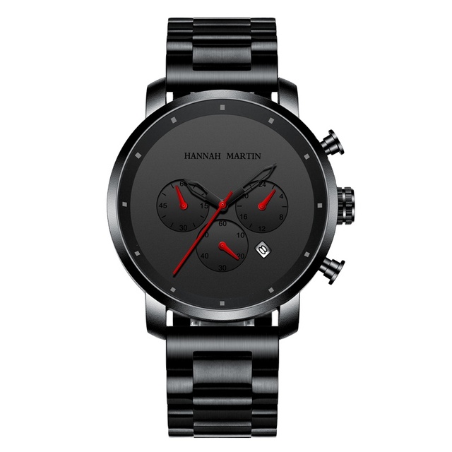Hannah Martin 111 Brand  Wrist Watches Black Stainless Steel Male Business Date Subdials Clock Waterproof Men Quartz Watch