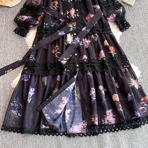 Vestido Floral grande con cuello levantado <span class=keywords><strong>para</strong></span> romper el café <span class=keywords><strong>para</strong></span> mujer, falda larga de cintura con temperamento regordete <span class=keywords><strong>para</strong></span> vacaciones - Product Image 4