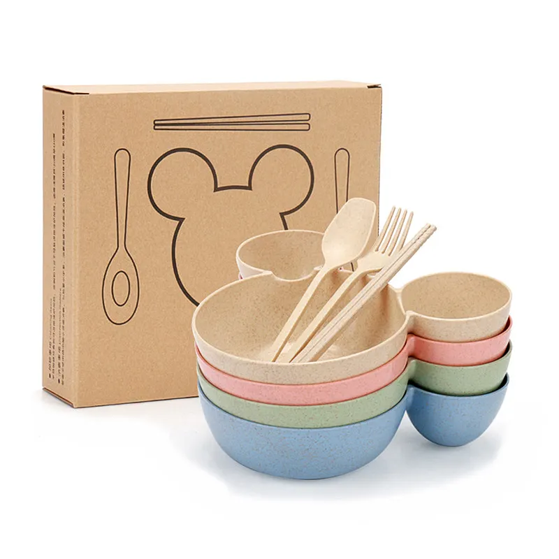 Wholesale eco-friendly unbreakable biodegradable baby dinnerware spoon chopsticks plastic wheat straw bowl set