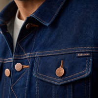 Vente en gros sur mesure 14 oz. Veste en jean pour homme en denim sergé de coton épais, style vintage, avec poches poitrine et taille ajustable
