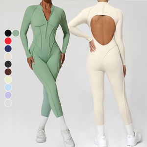 Biểu Tượng Tùy Chỉnh Của Phụ Nữ Dài Tay Áo Dây Kéo Thể Thao Chặt Chẽ Bodysuit Phụ Nữ Thoáng Khí Backless Mông Nâng Workout Rompers Áo Liền Quần - Product Image 1