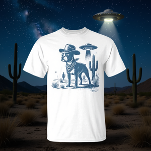 เสื้อยืดลายบอสตัน เทอร์เรียร์ สำหรับคุณพ่อคุณแม่คนรักสุนัข  ตกแต่งด้วยธีมคาวบอยและยูเอฟโอ - Product Image 3