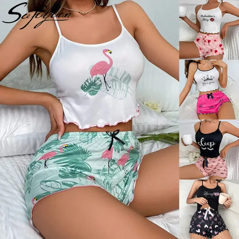 SFY-Y946 Roupas Femininas de Alta Qualidade Leite Seda Home Dress Set Halter Vest + Shorts Impresso Set Pijama Casual Feminino