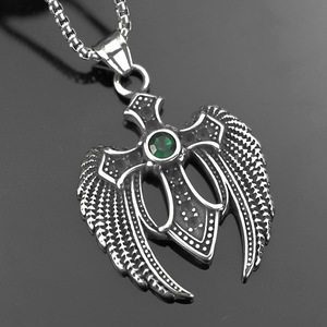 yunnique Stainless Steel Men's <b>Cross</b> Wing Pendant With Green Gemstone Asymmetrical Design For Gift Necklace Charm - Product Image 2