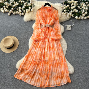 Primavera tunica romana fasciante abito Midi Casual da donna manica lanterna <span class=keywords><strong>impero</strong></span> 3D abito di pizzo stampato - Product Image 2