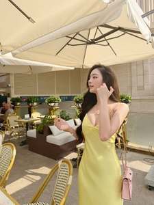 Evening Party Bridesmaid Digital Printing Plain Dyed Yellow Custom Women Satin Slip Dress V Neck <b>Spaghetti</b> <b>Strap</b> Casual Dres - Product Image 6