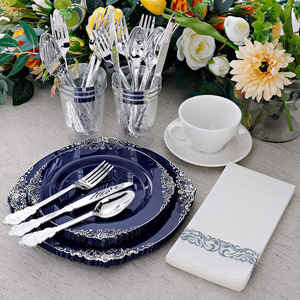 牢不可破的海军蓝婚礼塑料板套装一次性派对用品套装，配有优雅的派对装饰餐具 - Product Image 3