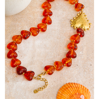 JINYOU 1757 Acrylic Resin Amber Heart Beads Necklace Stainless Steel Plated Gold Large Heart Necklace for Sweater Chain