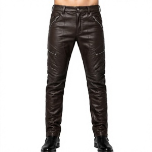 Lightweight Vintage <b>Men</b> Leather <b>Pants</b> Quick Dry Breathable Cowhide Leather Brown <b>Pant</b> with Multi Pockets <b>for</b> <b>Men's</b> - Product Image 1