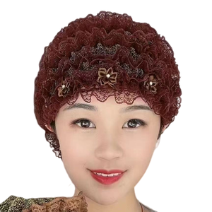 <b>Lace</b> Floral Headscarf Solid Color Stretchable <b>Elastic</b> Cap Four Seasons Ethnic Hat Asian Style - Product Image 1