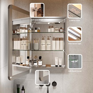 Prises électriques Ports Usb Fourniture d'usine Vanité à médicaments LED anti-buée éclairée Salle <span class=keywords><strong>de</strong></span> bain <span class=keywords><strong>avec</strong></span> miroir lumineux - Product Image 6