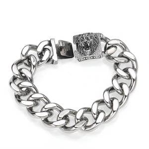 カスタムメイド、色褪せないシルバーメタルカラーメッキ、パンクスタイルステンレススチール、光沢のあるキューバンチェーン、ライオンヘッドバックル付きメンズブレスレット - Product Image 3