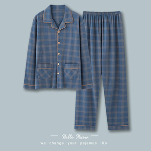 Pyjama pour homme en coton 100% à manches longues, deux pièces, à carreaux, grande taille, vêtements décontractés pour la maison - Product Image 5
