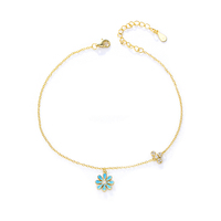 Nueva Tobillera Personalizada de Plata de Ley 925 con Cuentas de Flores Esmaltadas, Estilo Playa, Color Azul Claro