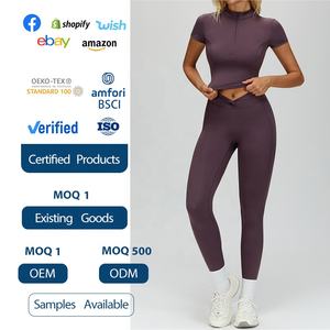 XIANDA OEM Custom Blank Logo Oversized Half-Zipper Sporty Short Sleeve Top Front Scrunch Tight <strong>Leggings</strong> 2 Set Exercise Yoga Wear - Product Image 4