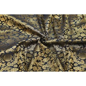Tissu brocart en soie mélangée Banarasi noir Triloki, matériau pour sari, poids moyen, avec détails métalliques - Product Image 1