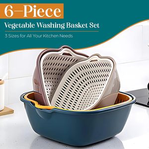 Drain <b>Basket</b> 6 Piece Set Double Layer Sink With Handle Kitchen Multifunctional Fruit Bowl Wash Dry Storage Food Container - Product Image 2