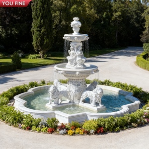 YOUFINE Fuente de Agua Grande para Exteriores, Personalizada, de Mármol Blanco Antiguo, con Dos Leones y una Dama Sentada, para Paisajes de Mansiones y Avenidas - Product Image 1