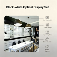 Meuble mural moderne noir et blanc pour présentation de lunettes, unité de rangement basse, table d'optométrie pour lunettes de soleil