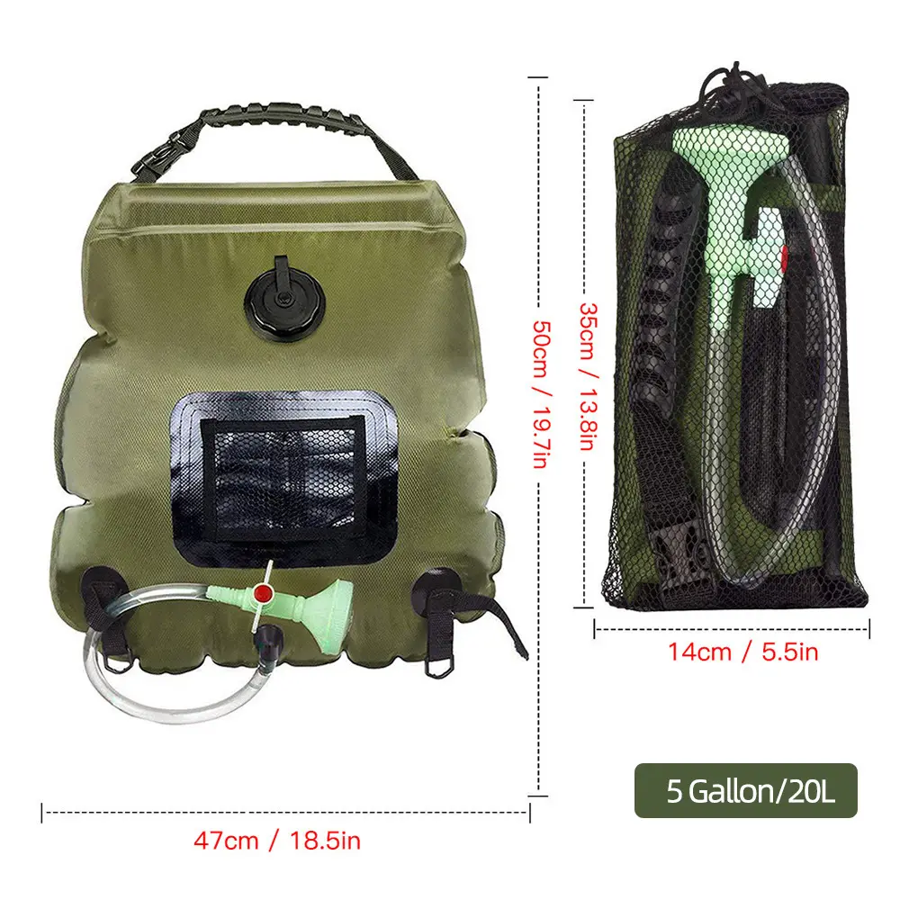 Tas Pancuran berkemah portabel tenaga surya, 5 galon 20L PVC dapat dilepas tekanan perjalanan luar ruangan