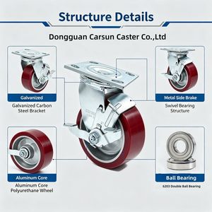 Roulettes pivotantes robustes en acier avec roue pleine, noyau en aluminium, roulettes en polyuréthane, bande de roulement rouge, fonctionnement silencieux, freins à pédale latéraux, roulement à billes - Product Image 3