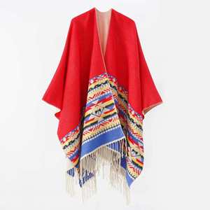 Poncho Châle Classique Long et Chaud d'Hiver à Capuche Ouverte avec Pompons, en Acrylique, Style Mexicain, pour Femme, en Laine, à Motifs - Product Image 5