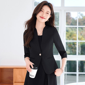 Women's Collarless Blazer Mid Sleeve Polyester Breathable Elegant Office Suit Jacket For Work Dress Pairing - Product Image 4