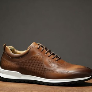 Chaussures décontractées pour hommes en cuir véritable à lacets, bout rond, semelle extérieure en caoutchouc respirante, toutes saisons - Product Image 1